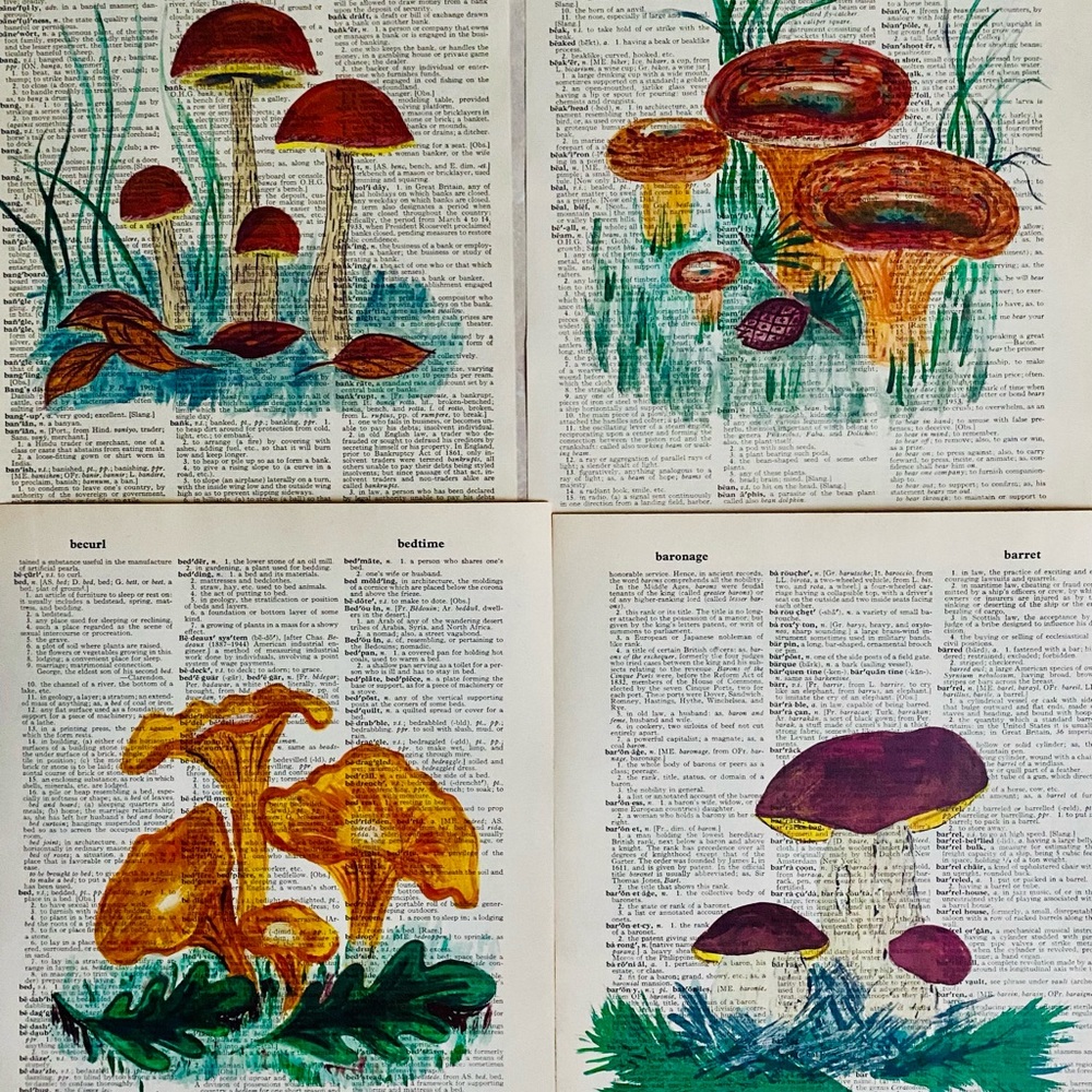 Mushroom Prints Vintage Dictionary Art Print Set of Four Prints Mushrooms